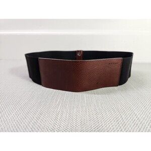Marni M/L Elastic Black Belt Brown Leather Wide Double Snaps Stretchy Women